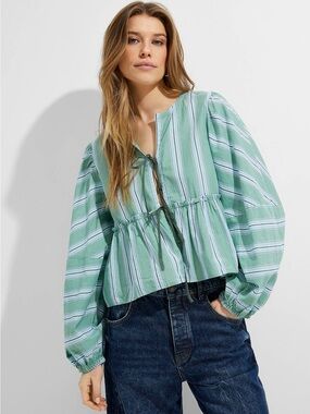 New Free People Sz Sm Brunch Babe Blouse In Patterned Green